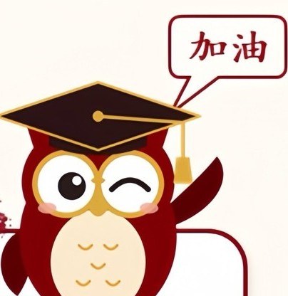 Linh vật cú đội mũ cử nhân, bong bóng chữ 加油 nghĩa là cố lên